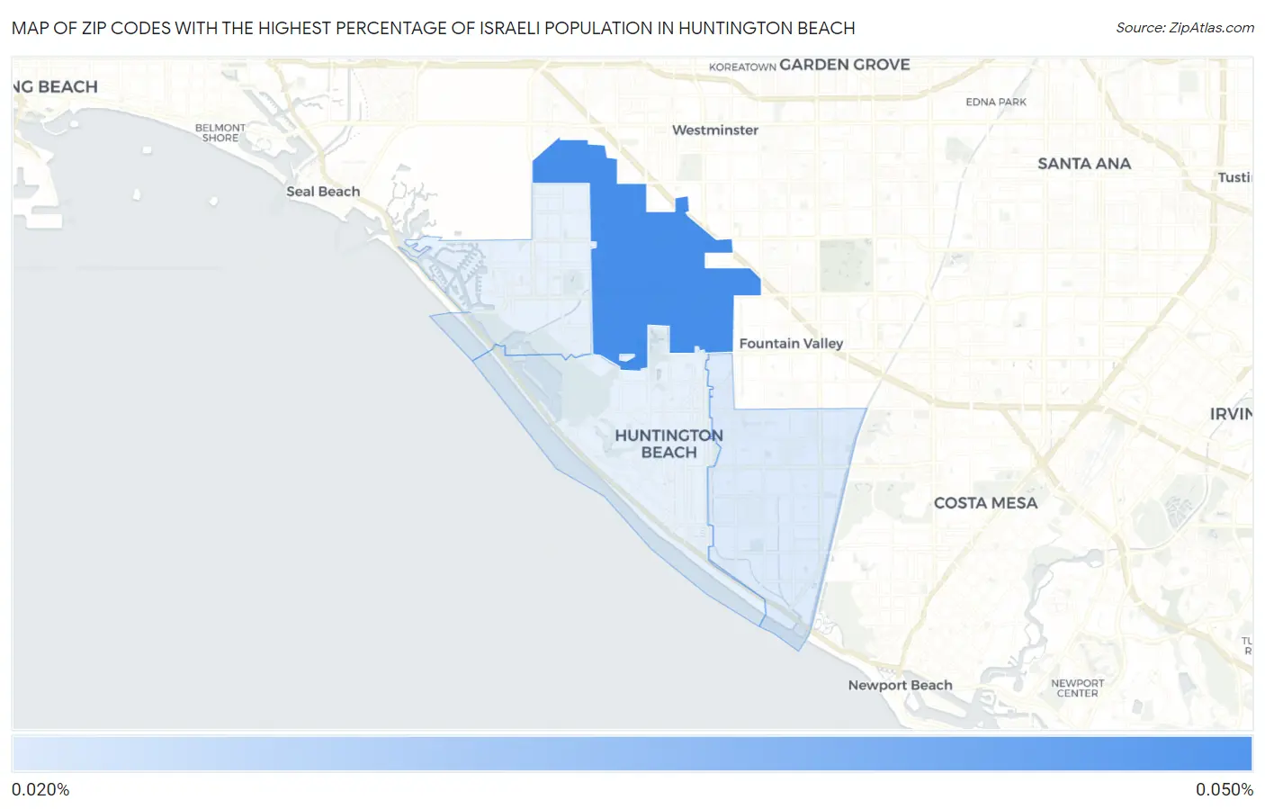 Zip Codes with the Highest Percentage of Israeli Population in Huntington Beach Map