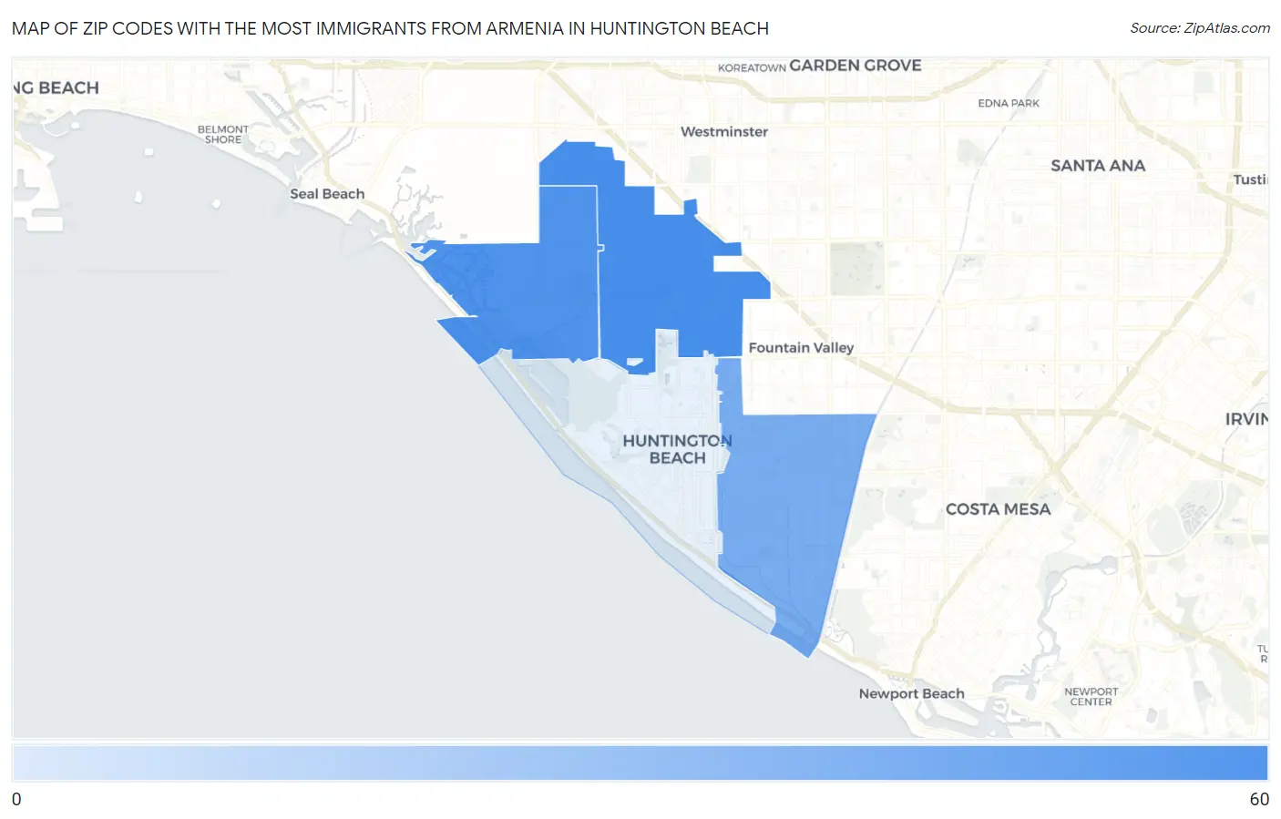 Zip Codes with the Most Immigrants from Armenia in Huntington Beach Map