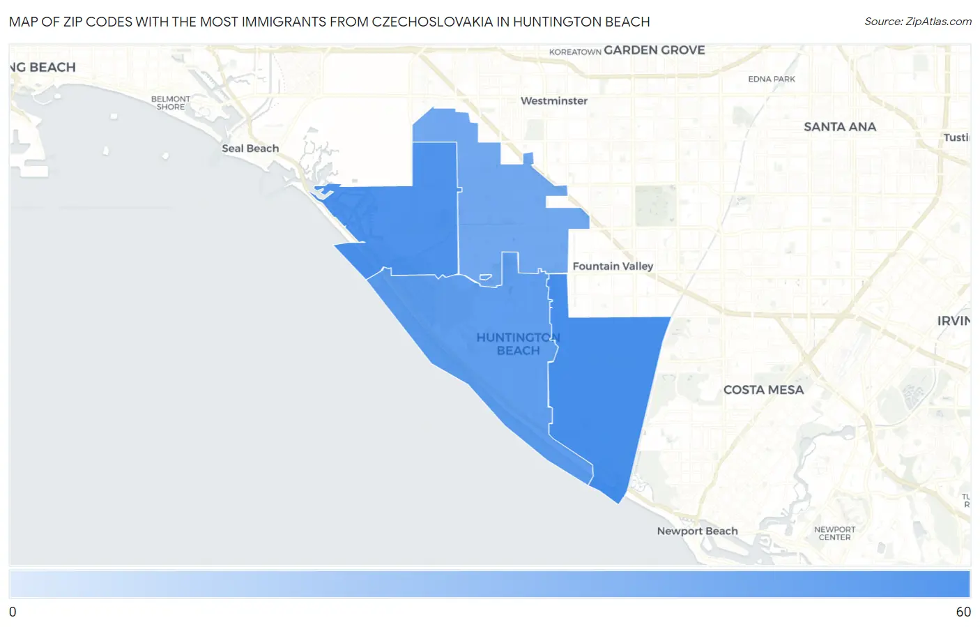 Zip Codes with the Most Immigrants from Czechoslovakia in Huntington Beach Map