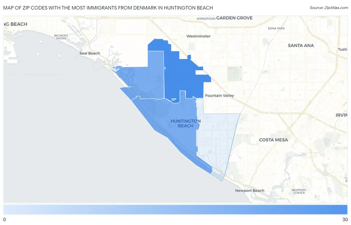 Zip Codes with the Most Immigrants from Denmark in Huntington Beach Map