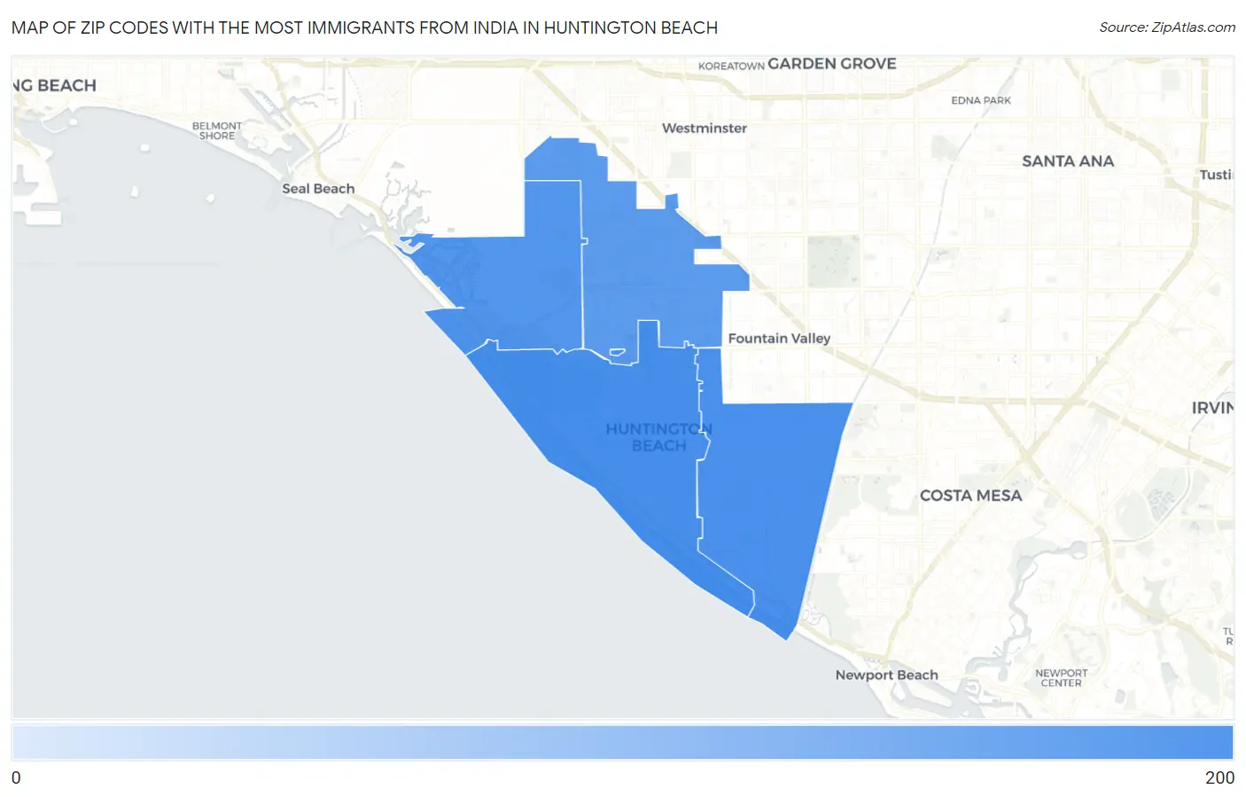 Zip Codes with the Most Immigrants from India in Huntington Beach Map