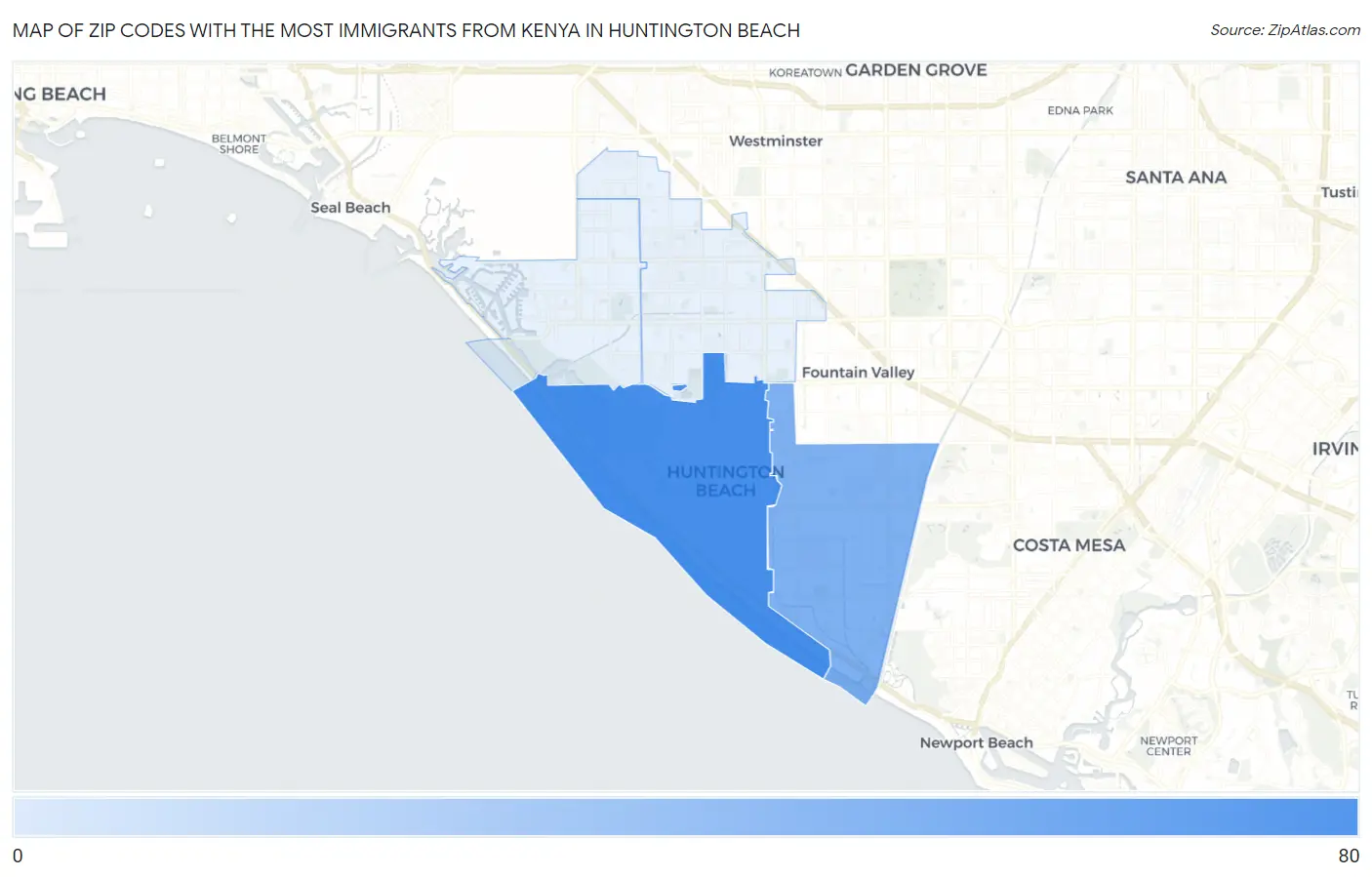 Zip Codes with the Most Immigrants from Kenya in Huntington Beach Map