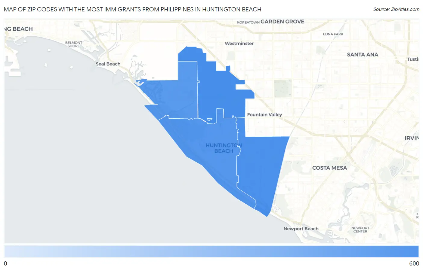 Zip Codes with the Most Immigrants from Philippines in Huntington Beach Map