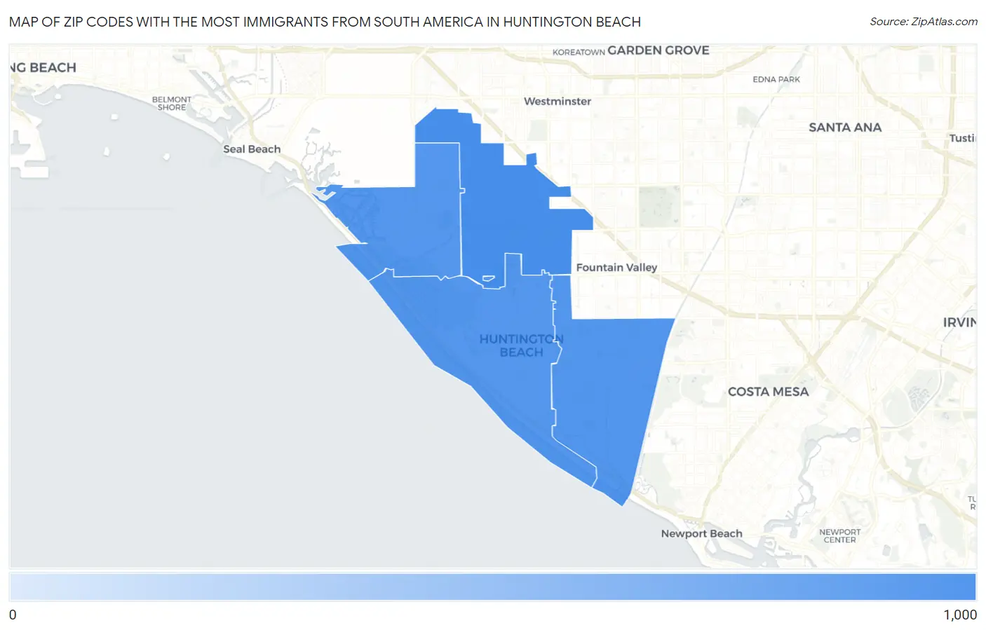 Zip Codes with the Most Immigrants from South America in Huntington Beach Map