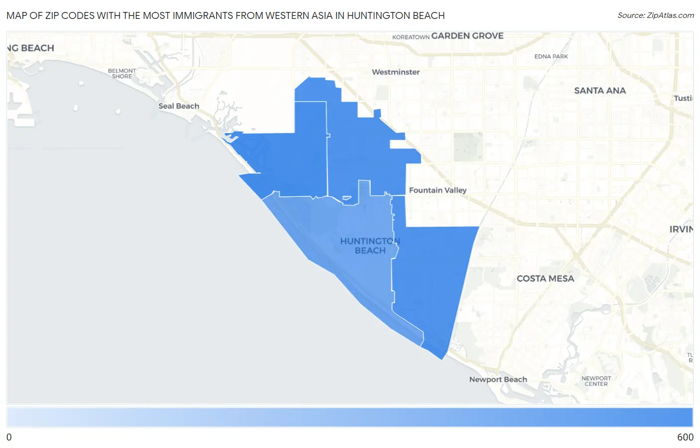 Zip Codes with the Most Immigrants from Western Asia in Huntington Beach Map