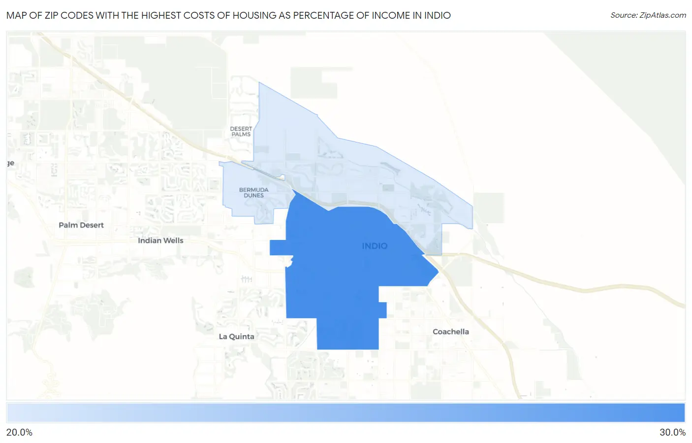 Zip Codes with the Highest Costs of Housing as Percentage of Income in Indio Map