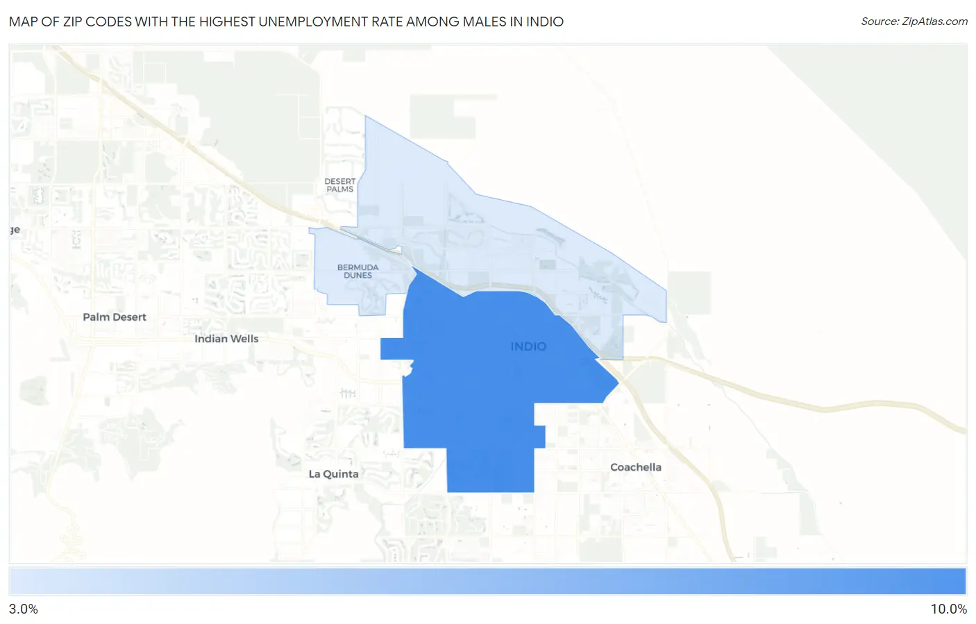 Zip Codes with the Highest Unemployment Rate Among Males in Indio Map