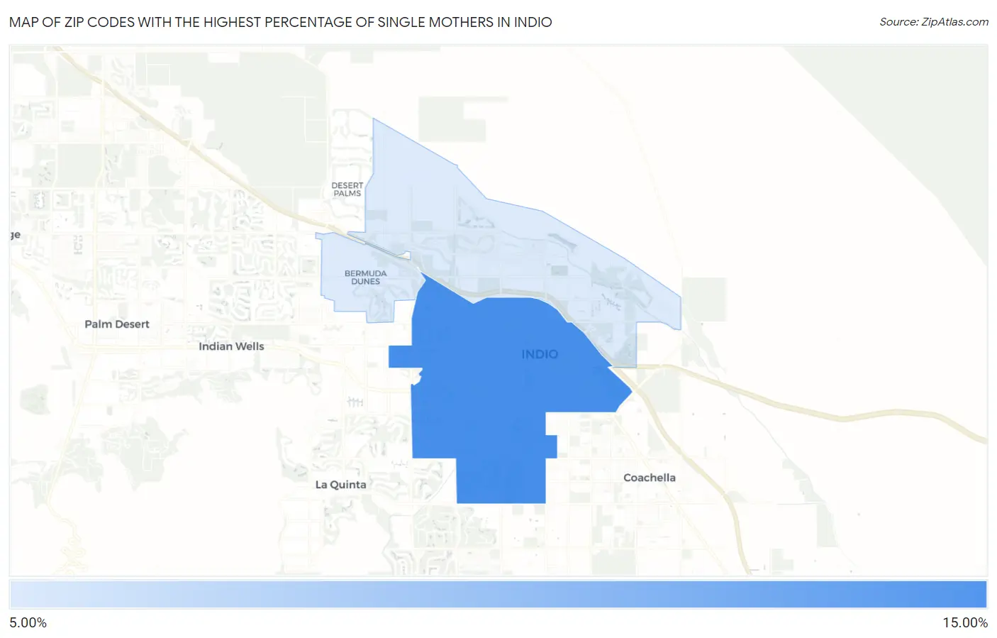 Zip Codes with the Highest Percentage of Single Mothers in Indio Map
