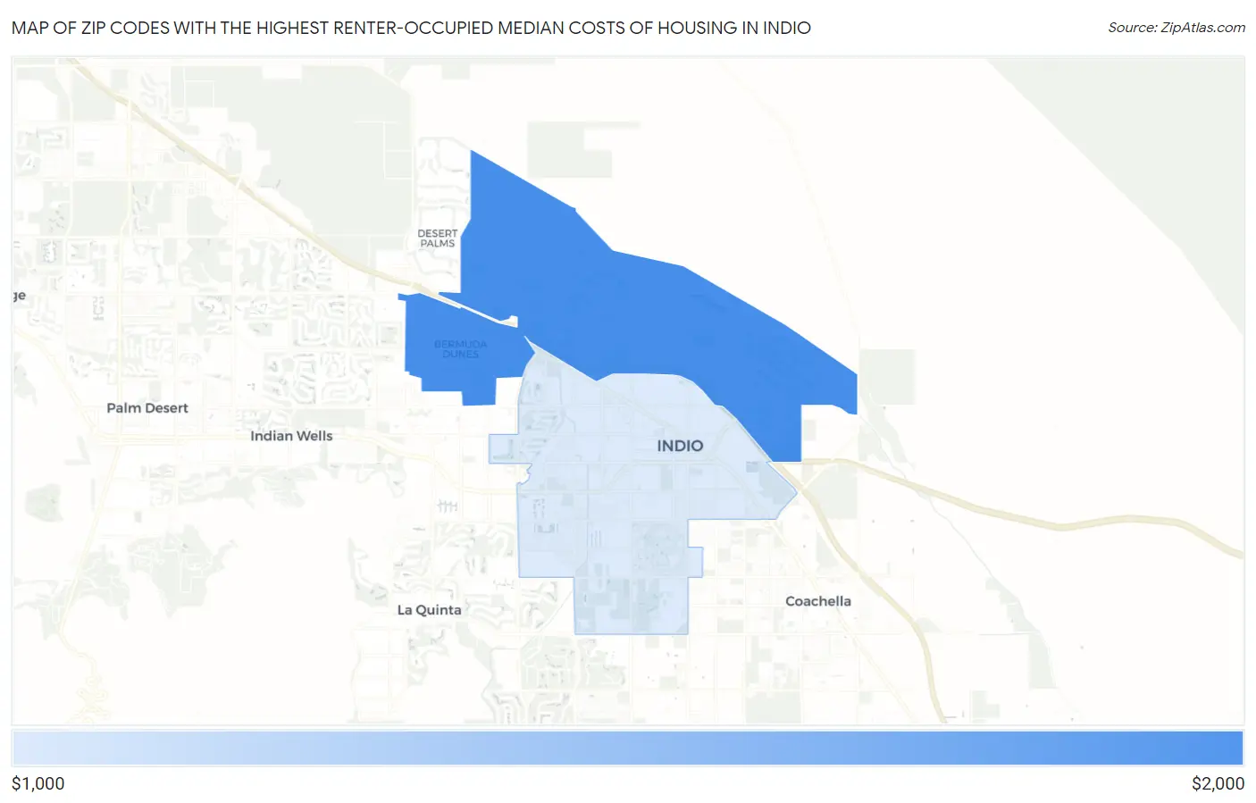 Zip Codes with the Highest Renter-Occupied Median Costs of Housing in Indio Map