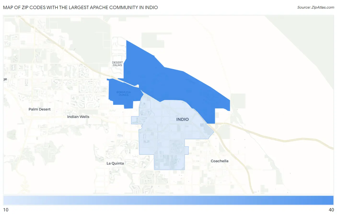 Zip Codes with the Largest Apache Community in Indio Map