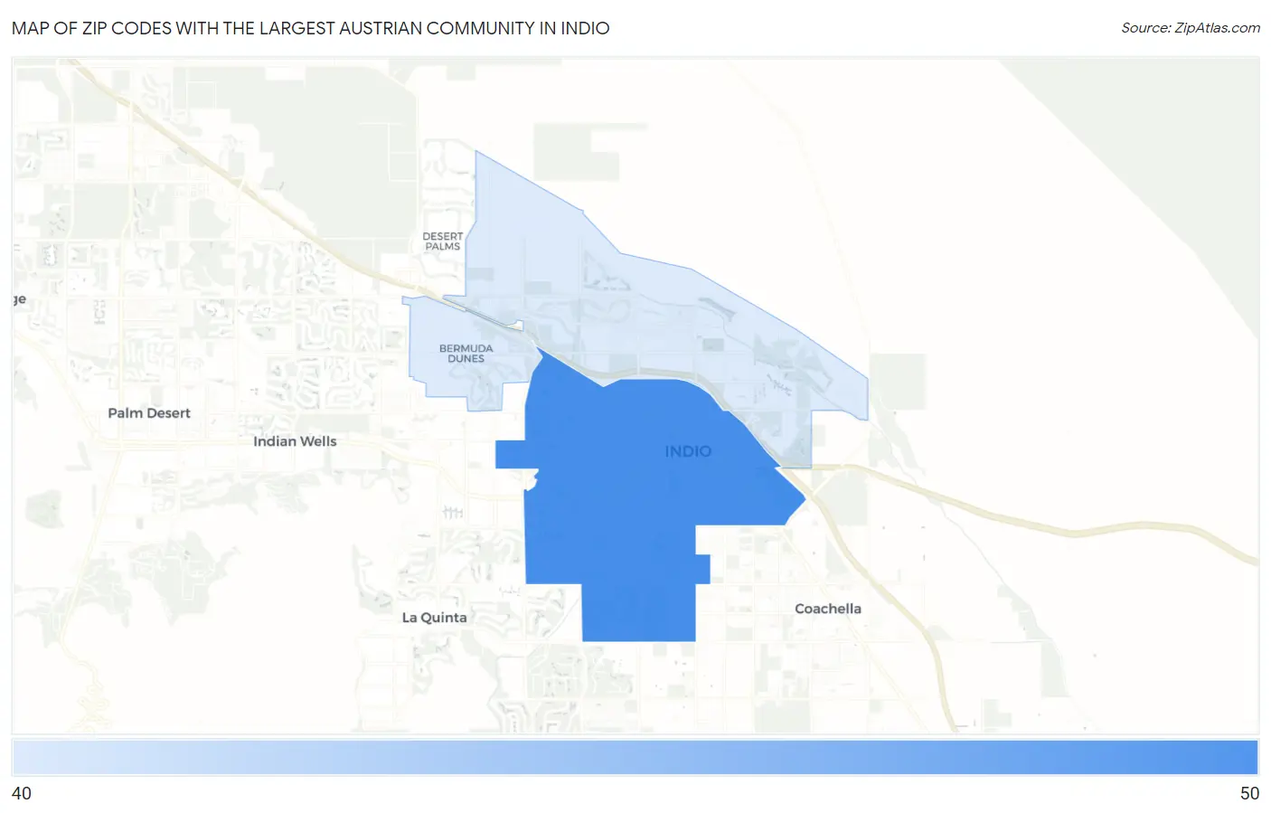 Zip Codes with the Largest Austrian Community in Indio Map