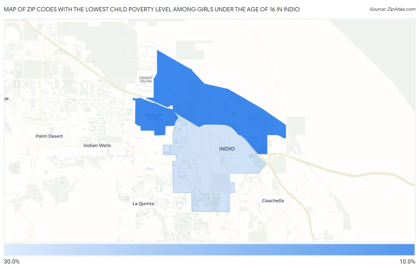 Zip Codes with the Lowest Child Poverty Level Among Girls Under the Age of 16 in Indio Map