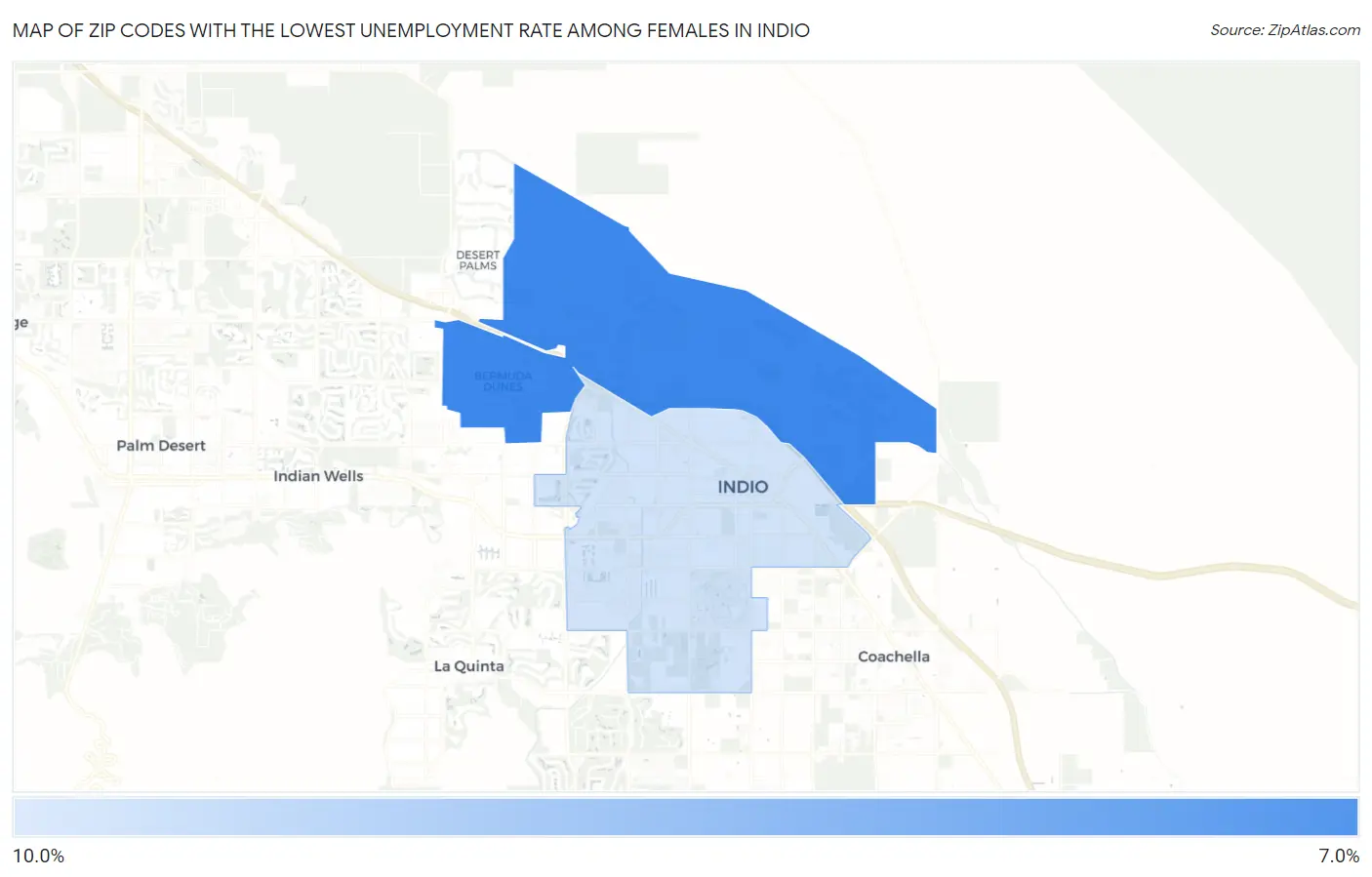 Zip Codes with the Lowest Unemployment Rate Among Females in Indio Map