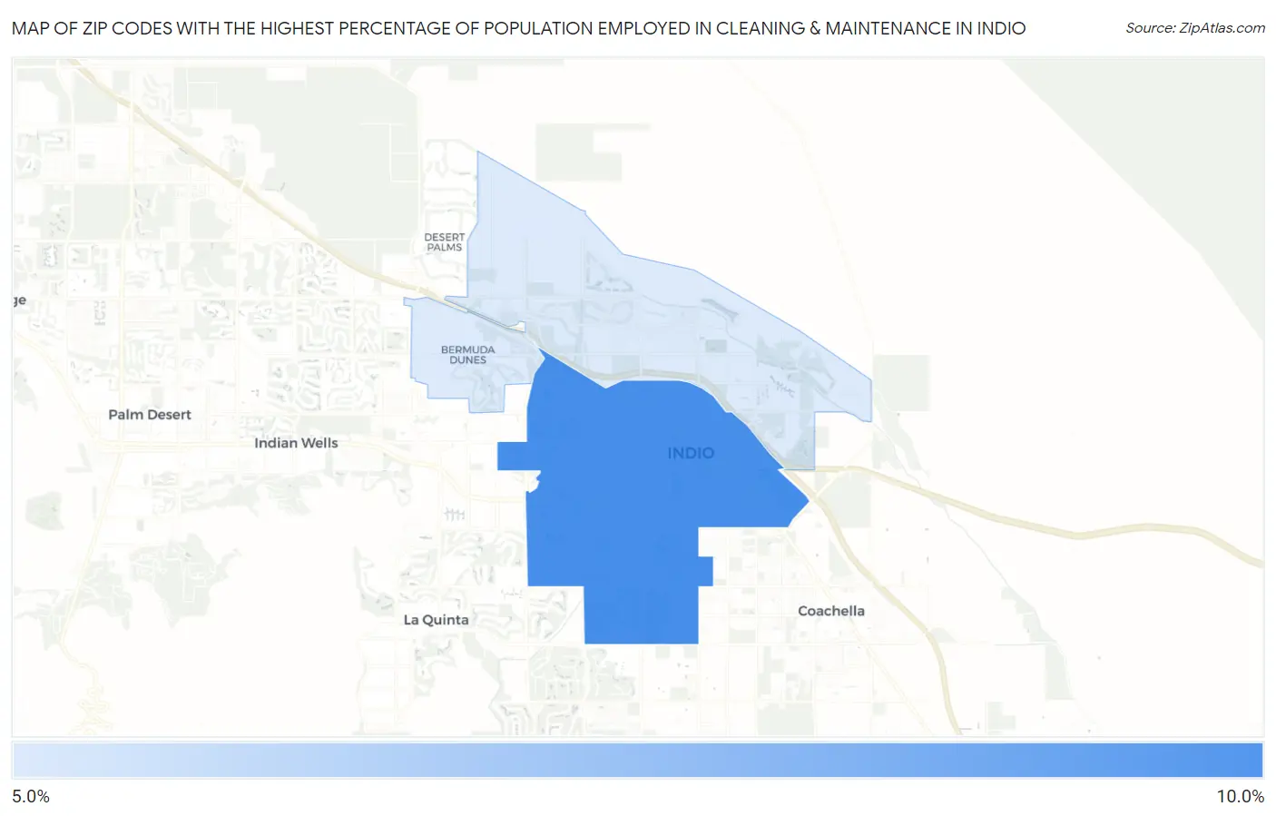 Zip Codes with the Highest Percentage of Population Employed in Cleaning & Maintenance in Indio Map