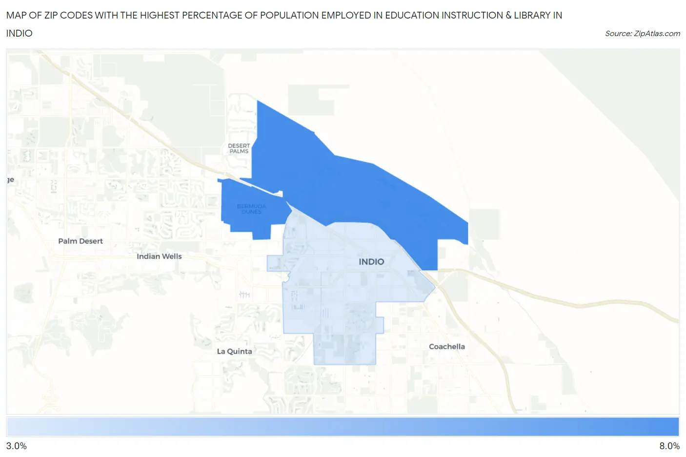 Zip Codes with the Highest Percentage of Population Employed in Education Instruction & Library in Indio Map