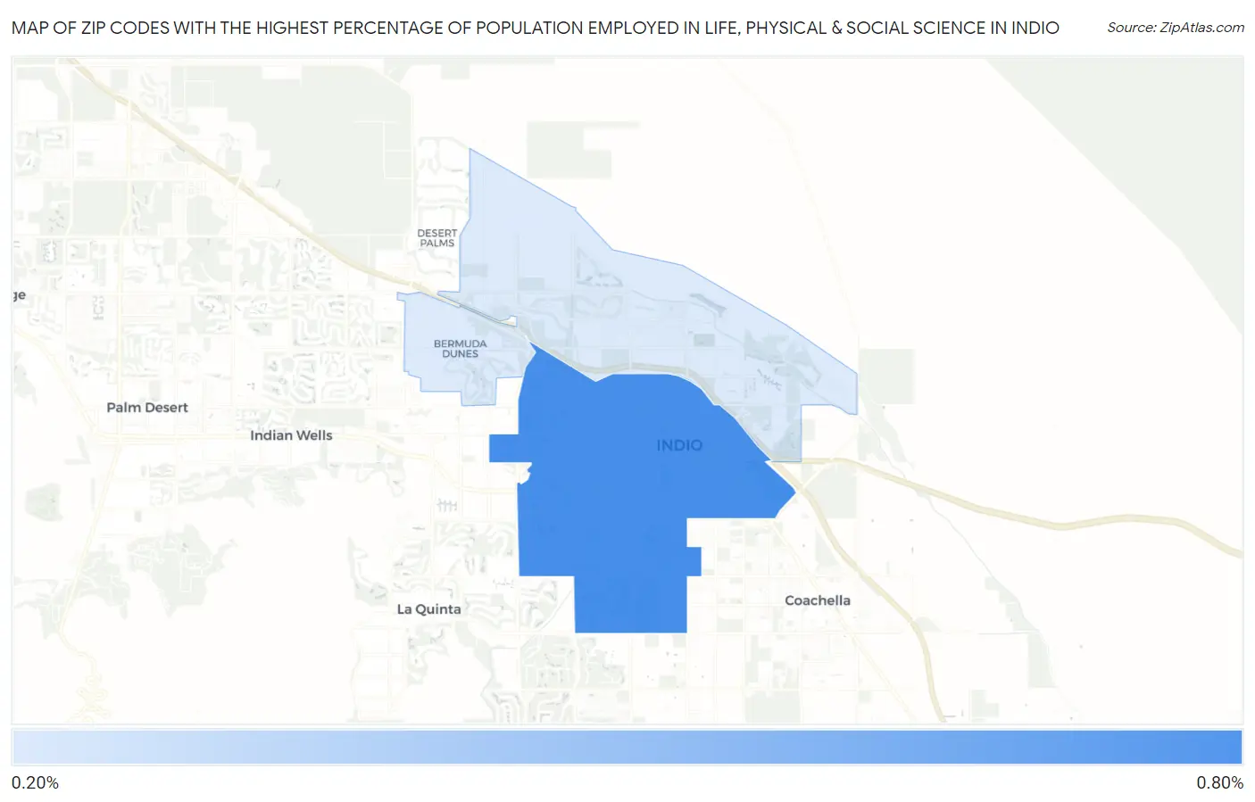 Zip Codes with the Highest Percentage of Population Employed in Life, Physical & Social Science in Indio Map
