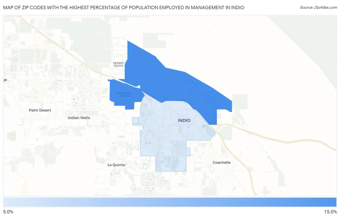 Zip Codes with the Highest Percentage of Population Employed in Management in Indio Map