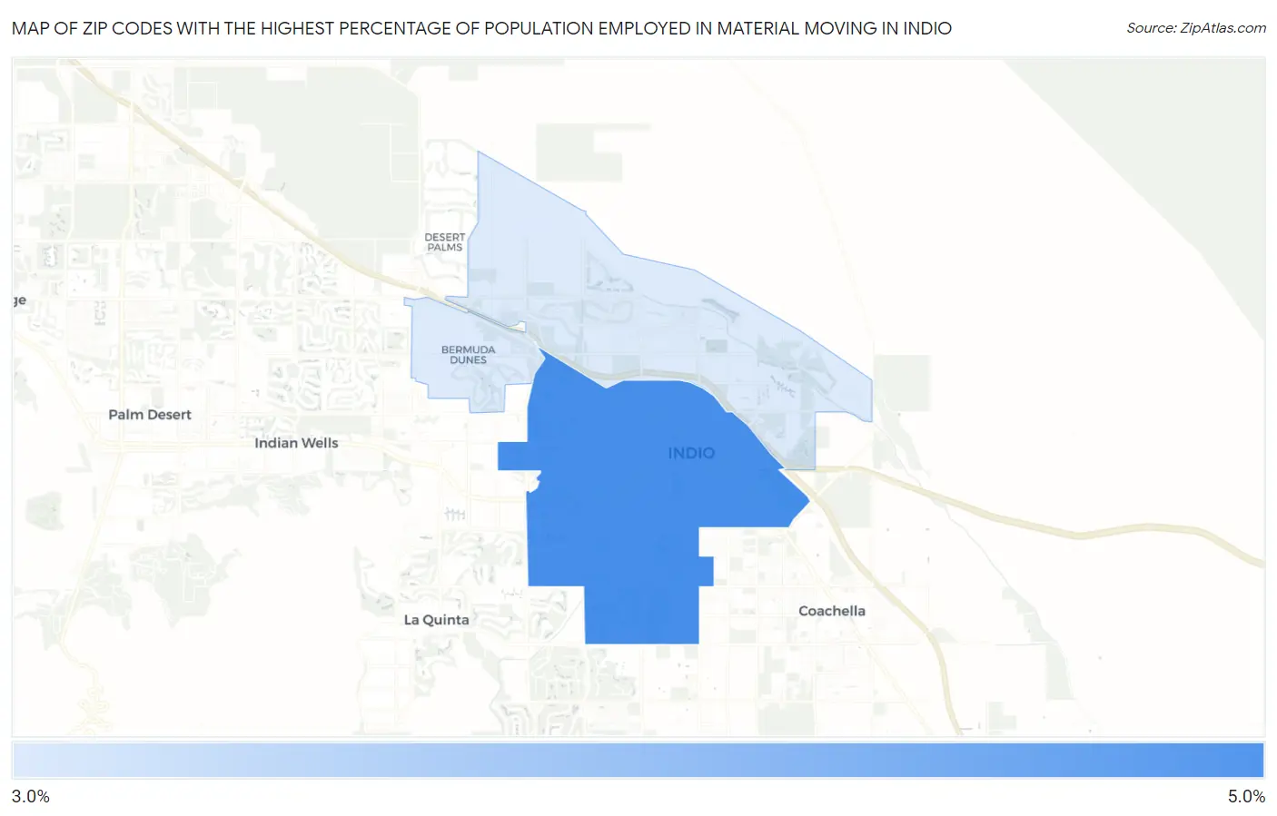 Zip Codes with the Highest Percentage of Population Employed in Material Moving in Indio Map