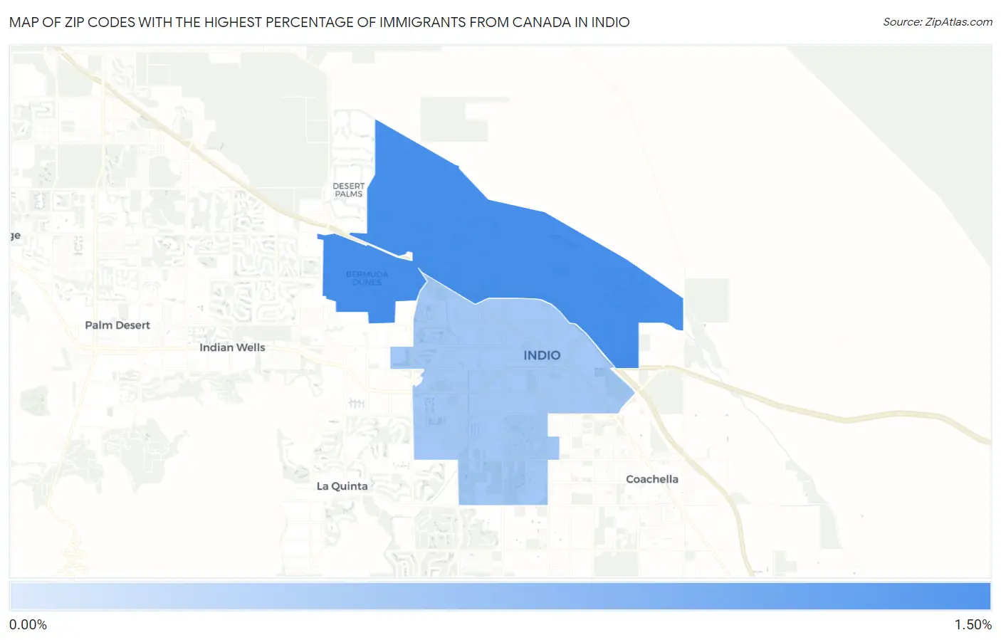 Zip Codes with the Highest Percentage of Immigrants from Canada in Indio Map