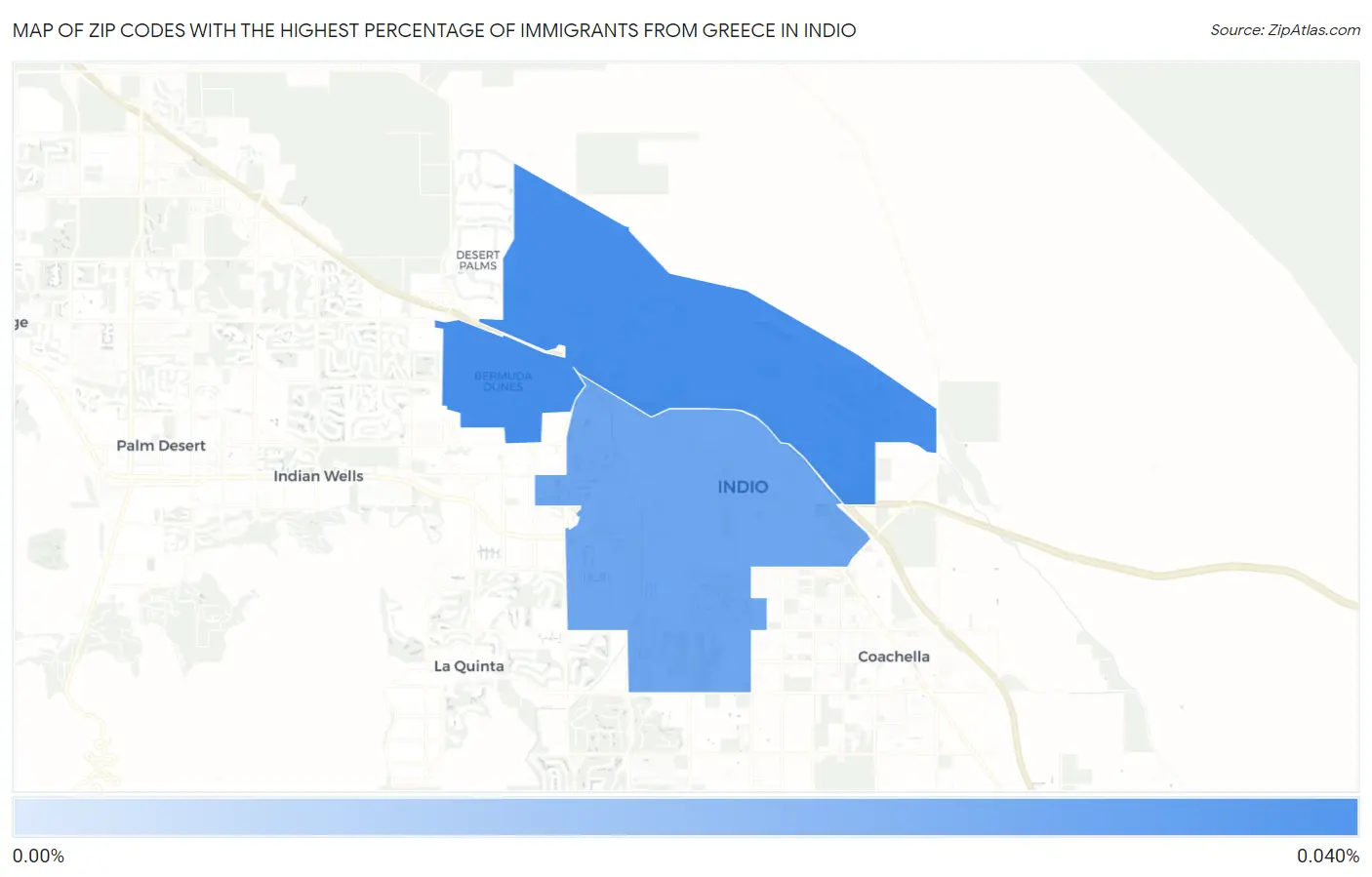 Zip Codes with the Highest Percentage of Immigrants from Greece in Indio Map