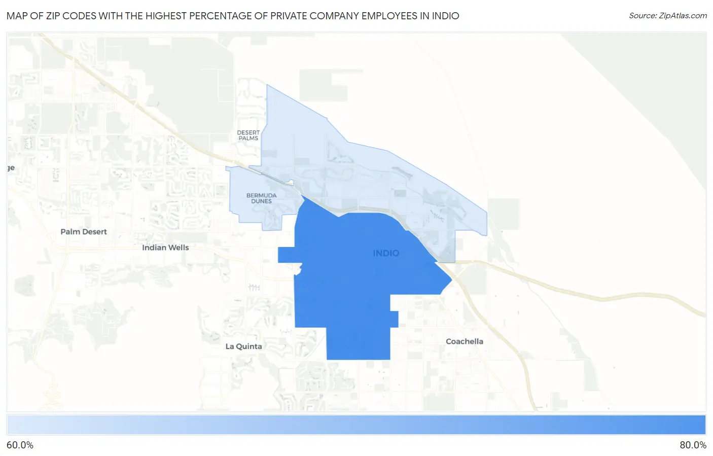 Zip Codes with the Highest Percentage of Private Company Employees in Indio Map