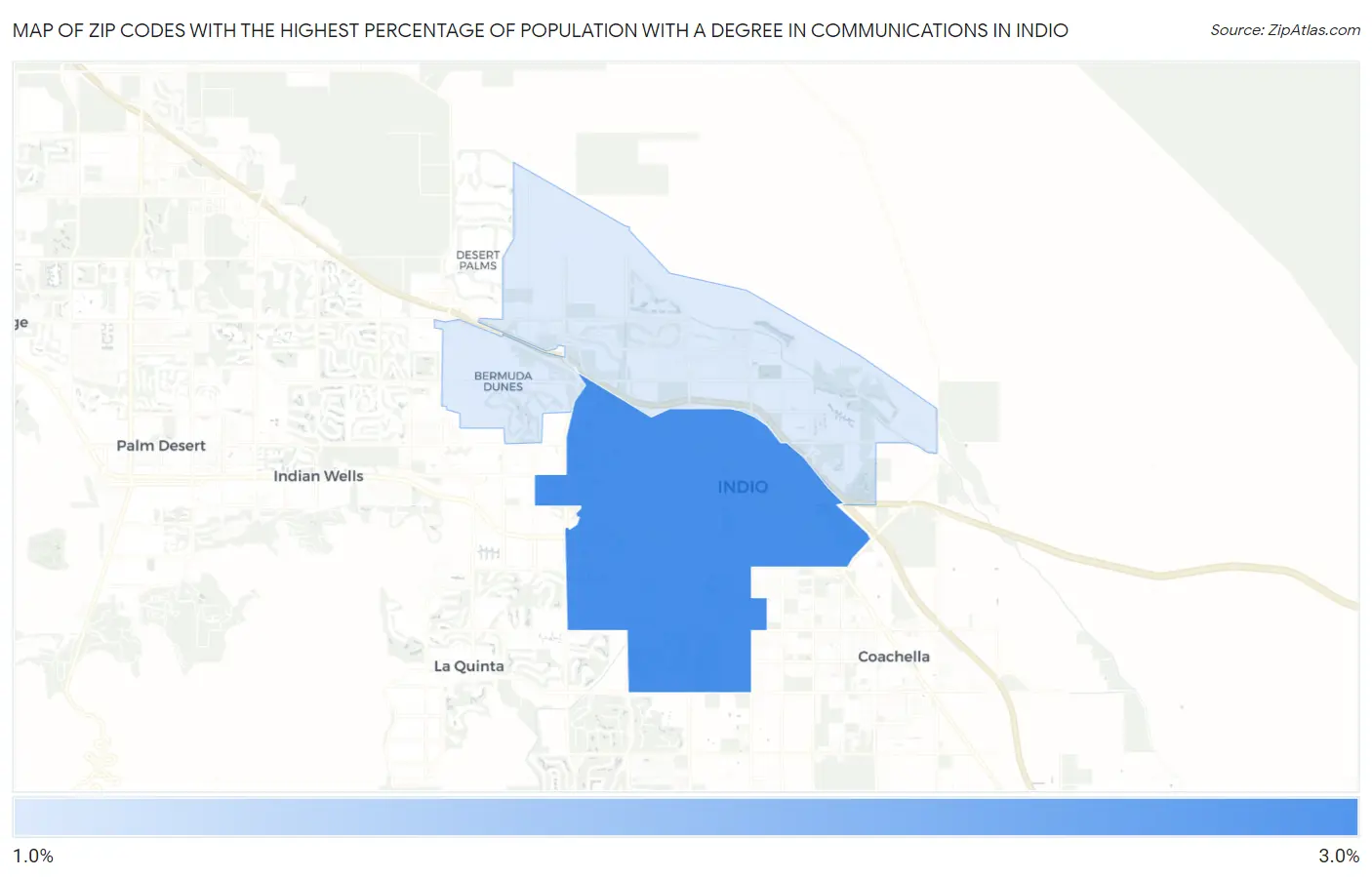 Zip Codes with the Highest Percentage of Population with a Degree in Communications in Indio Map