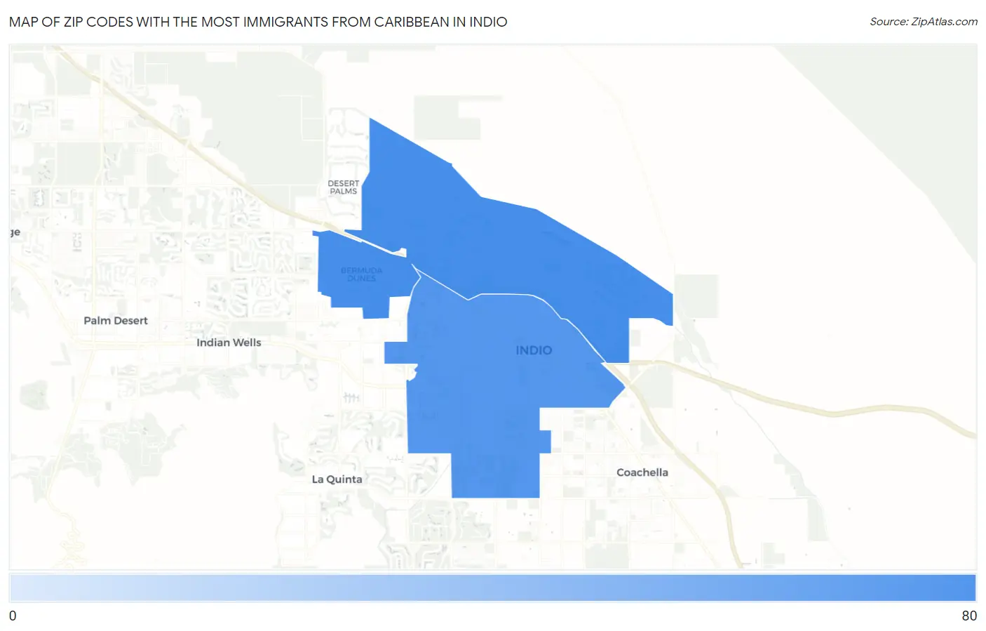 Zip Codes with the Most Immigrants from Caribbean in Indio Map