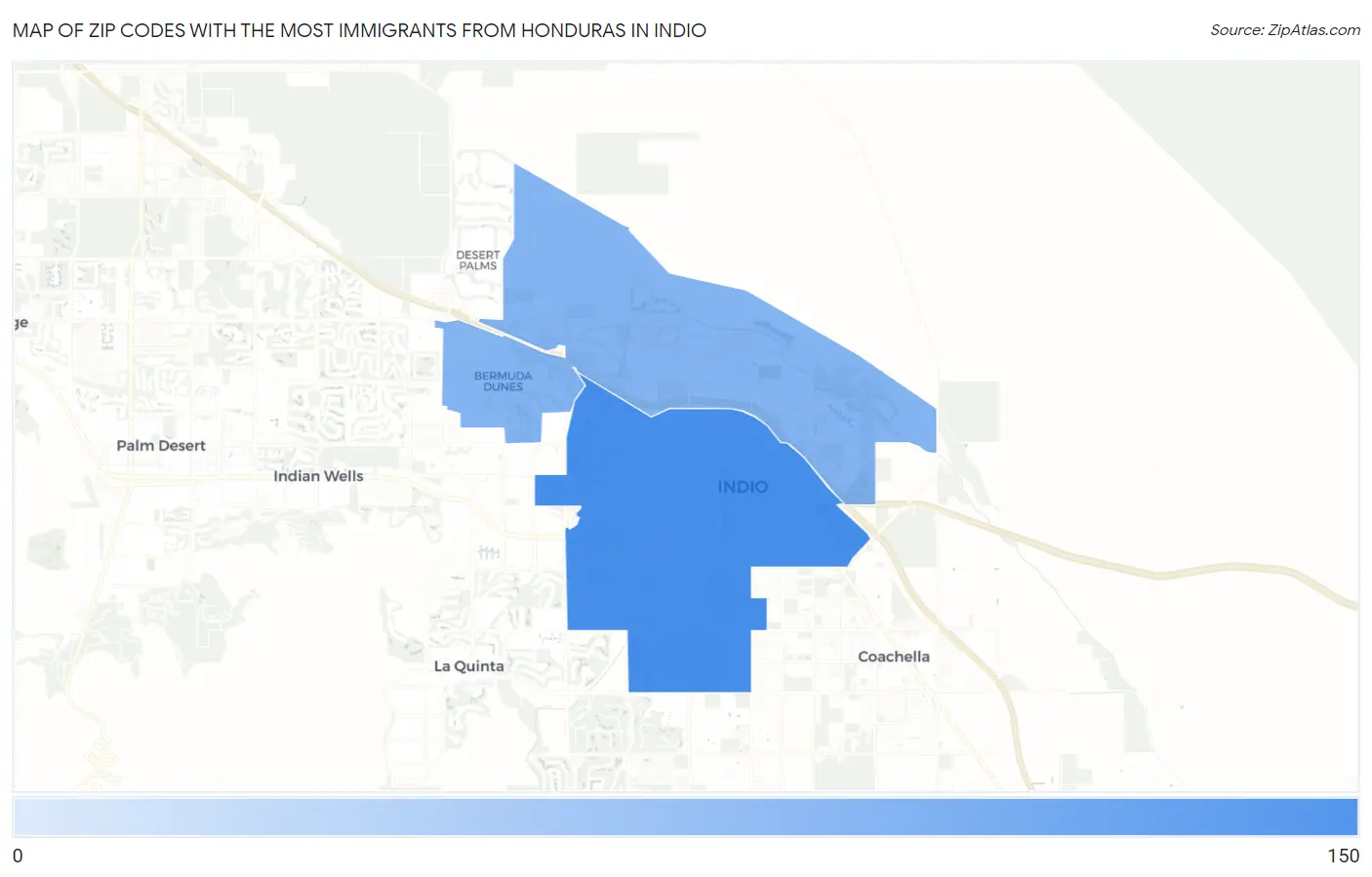 Zip Codes with the Most Immigrants from Honduras in Indio Map