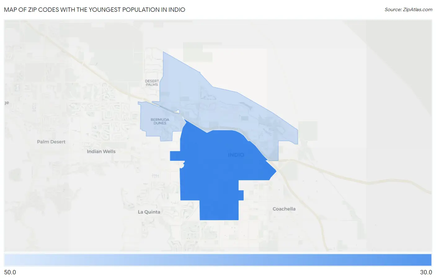 Zip Codes with the Youngest Population in Indio Map