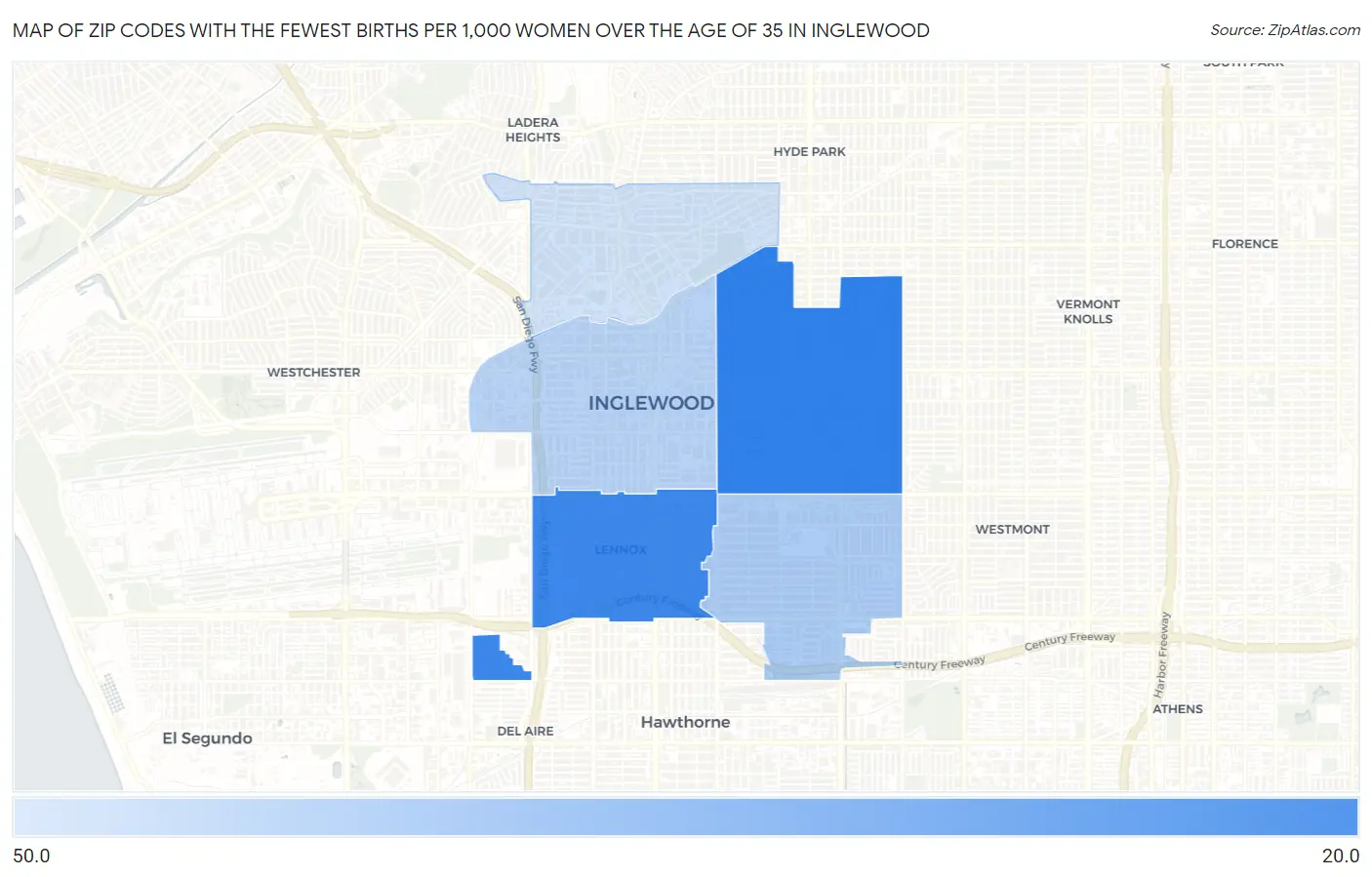 Zip Codes with the Fewest Births per 1,000 Women Over the Age of 35 in Inglewood Map