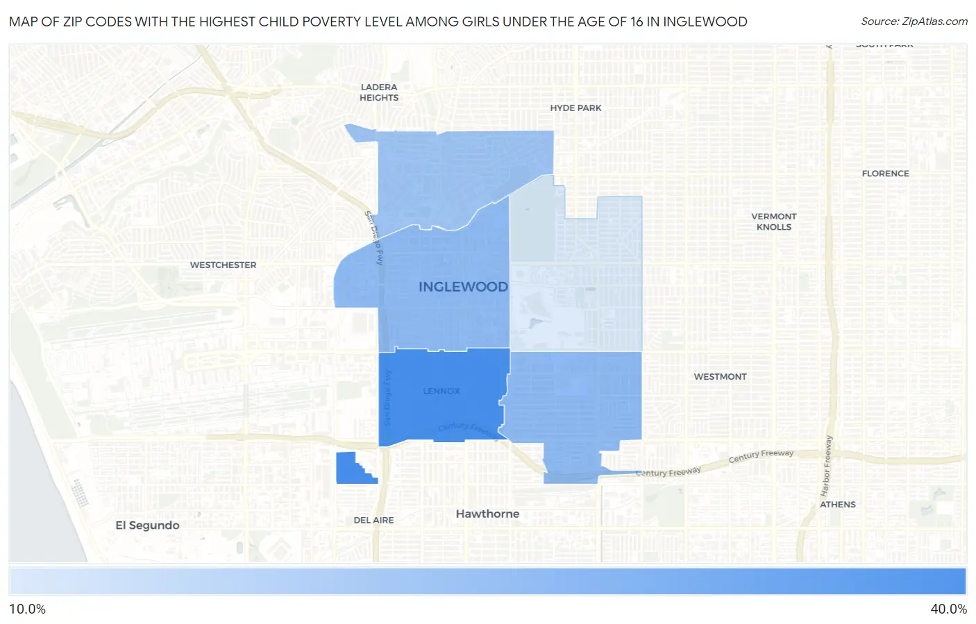 Zip Codes with the Highest Child Poverty Level Among Girls Under the Age of 16 in Inglewood Map