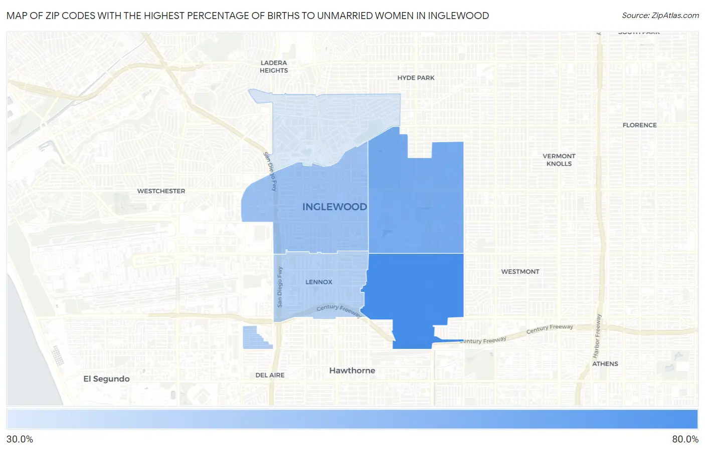 Zip Codes with the Highest Percentage of Births to Unmarried Women in Inglewood Map