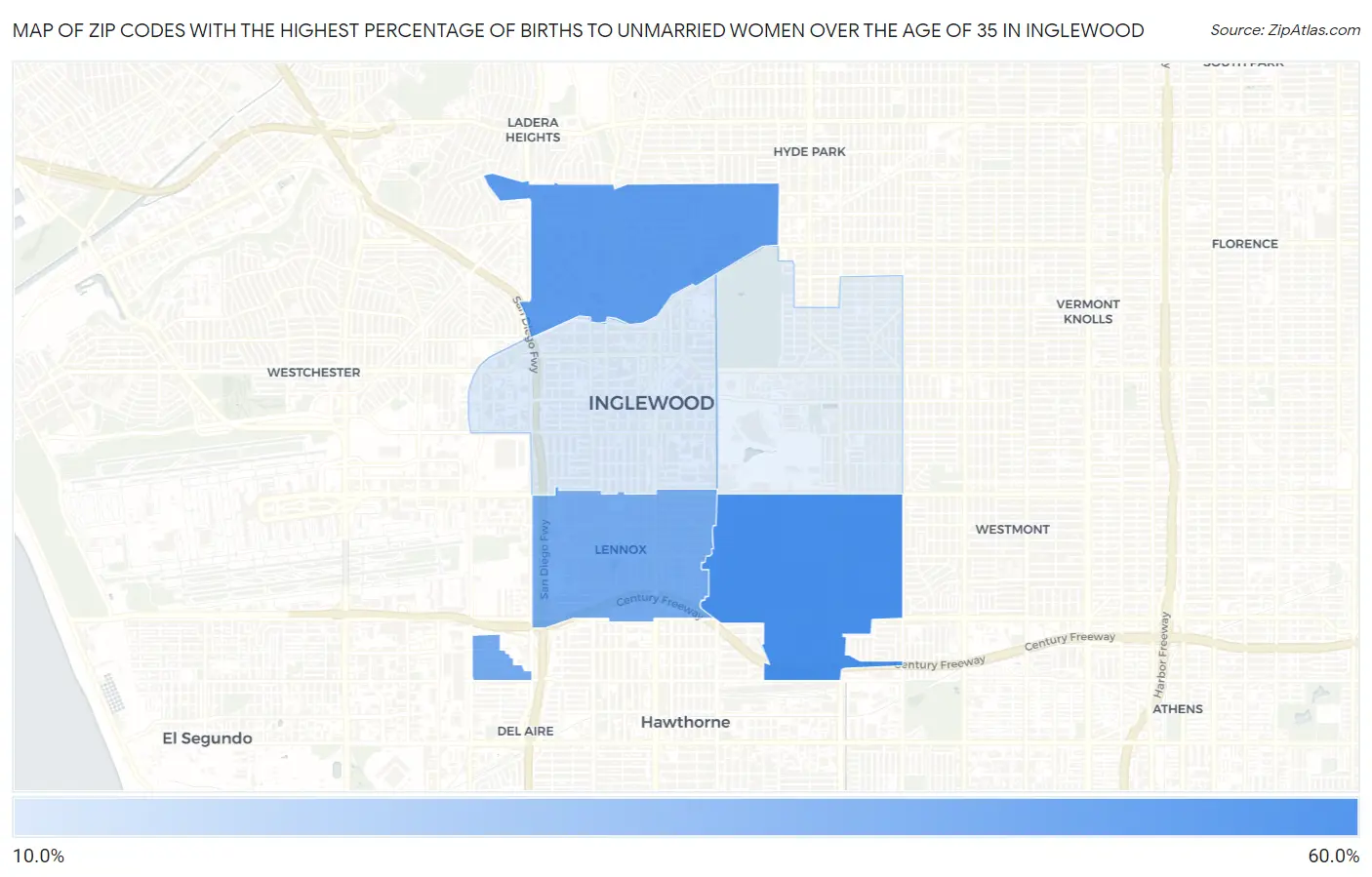 Zip Codes with the Highest Percentage of Births to Unmarried Women over the Age of 35 in Inglewood Map