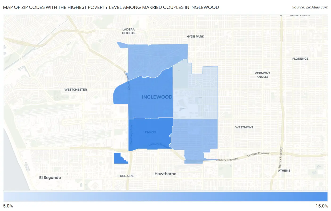 Zip Codes with the Highest Poverty Level Among Married Couples in Inglewood Map