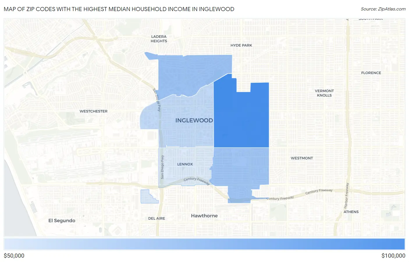 Zip Codes with the Highest Median Household Income in Inglewood Map