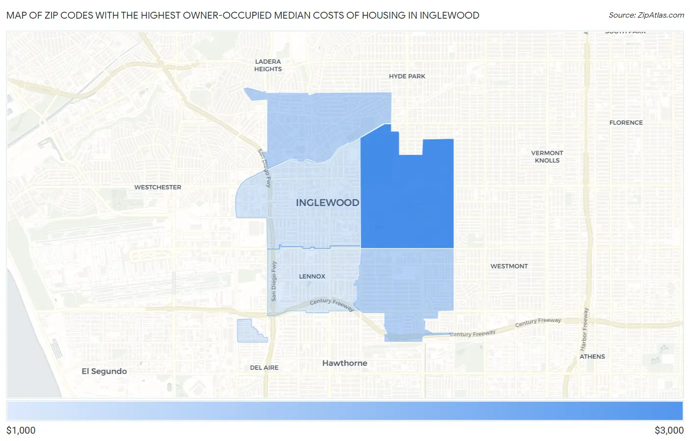 Zip Codes with the Highest Owner-Occupied Median Costs of Housing in Inglewood Map
