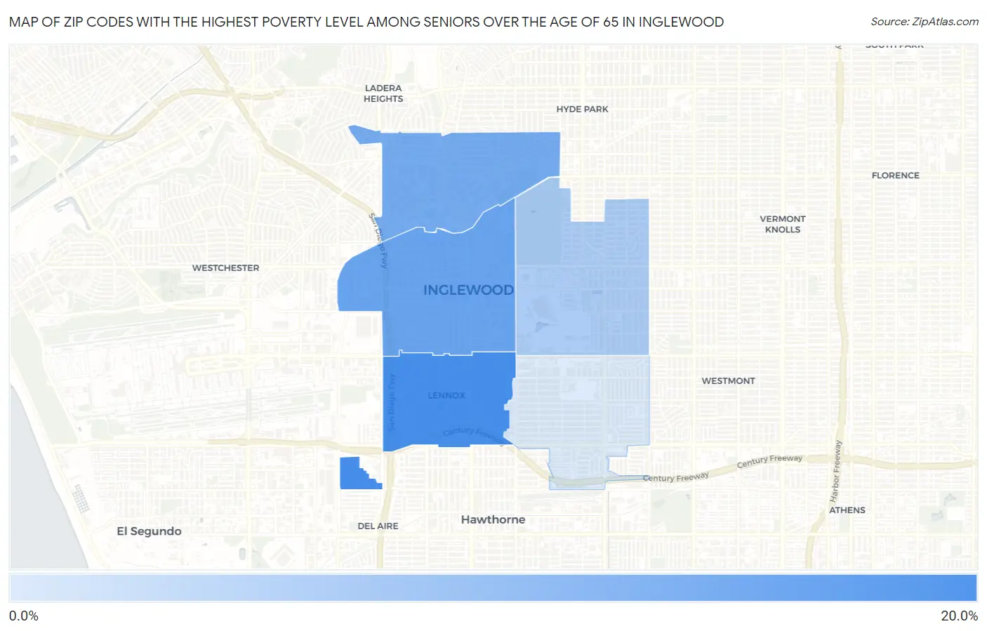 Zip Codes with the Highest Poverty Level Among Seniors Over the Age of 65 in Inglewood Map