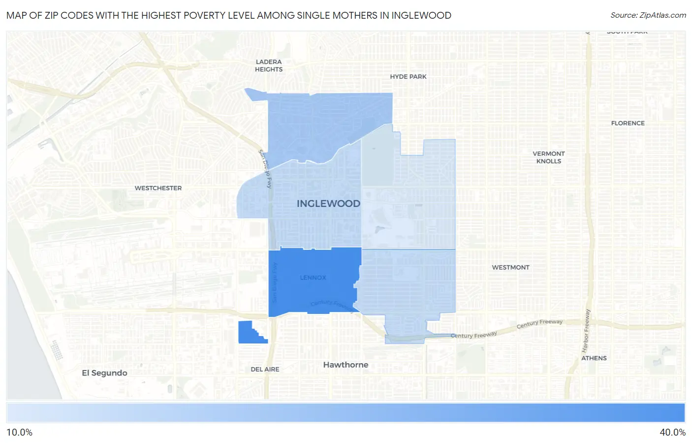 Zip Codes with the Highest Poverty Level Among Single Mothers in Inglewood Map