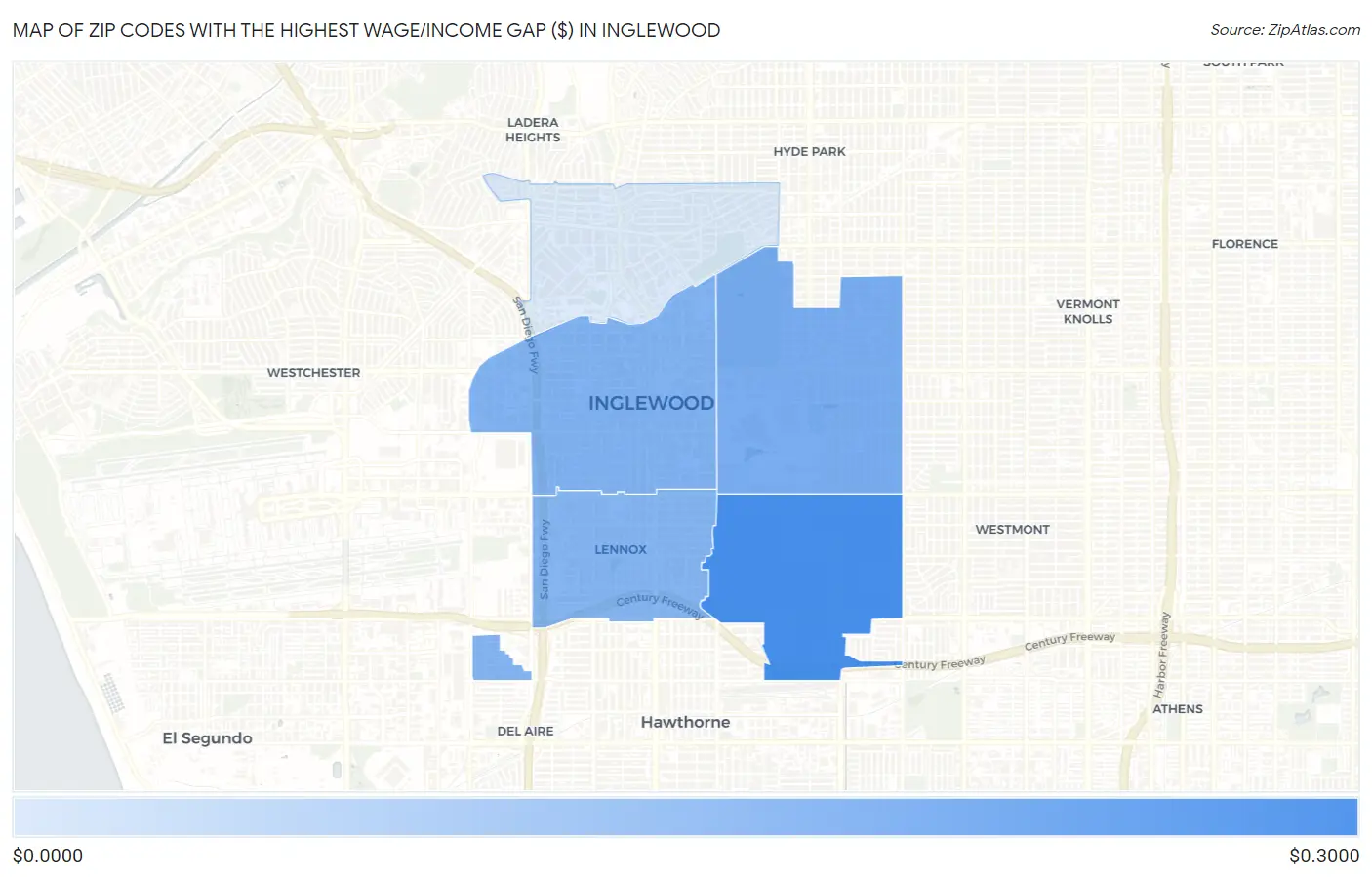 Zip Codes with the Highest Wage/Income Gap ($) in Inglewood Map
