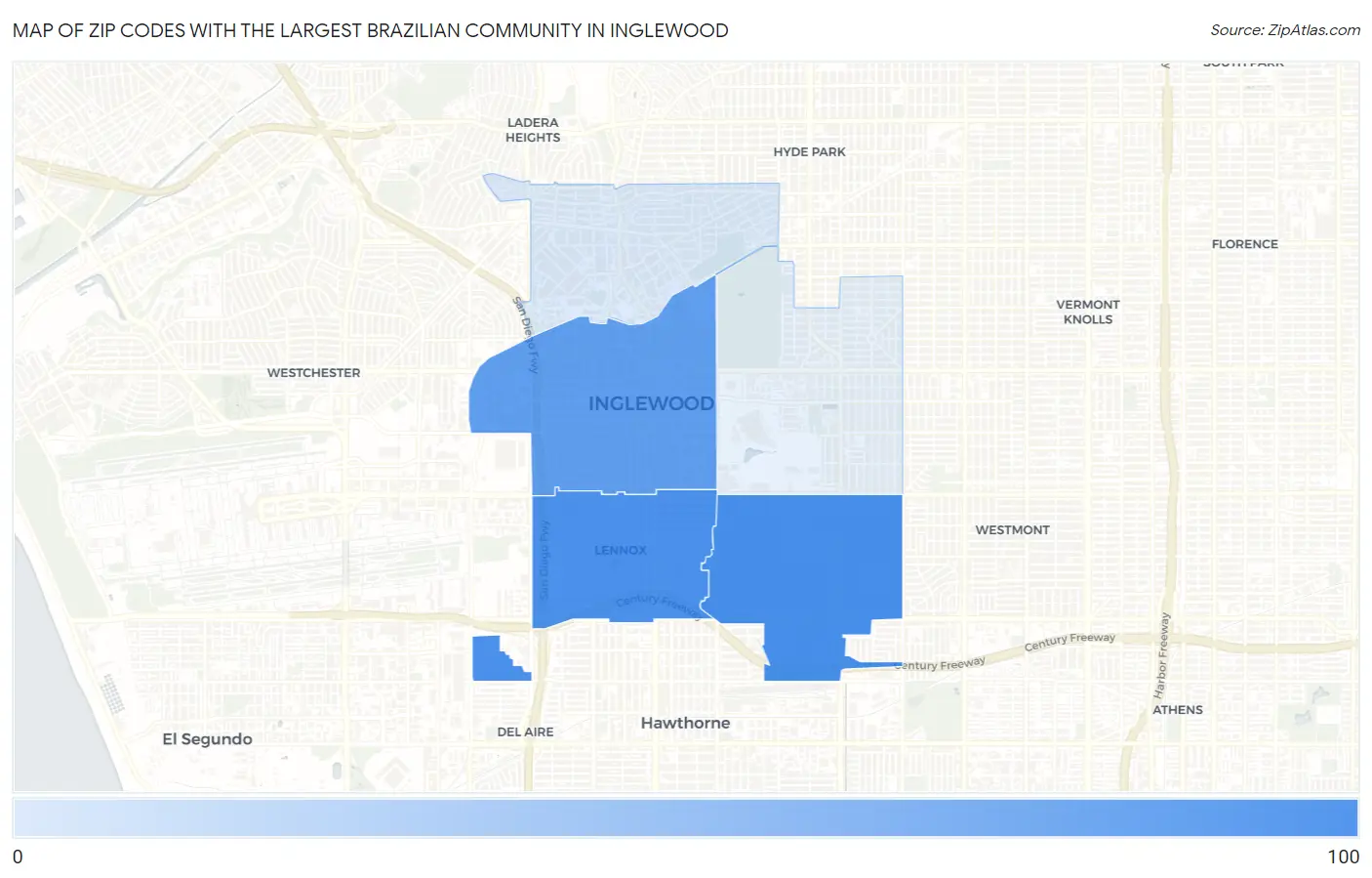 Zip Codes with the Largest Brazilian Community in Inglewood Map