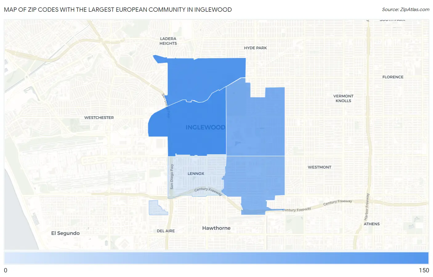 Zip Codes with the Largest European Community in Inglewood Map