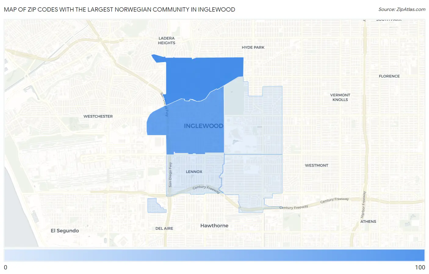 Zip Codes with the Largest Norwegian Community in Inglewood Map