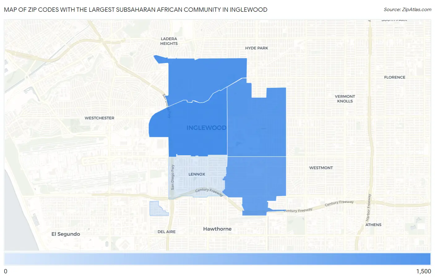 Zip Codes with the Largest Subsaharan African Community in Inglewood Map