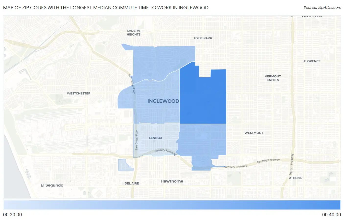 Zip Codes with the Longest Median Commute Time to Work in Inglewood Map