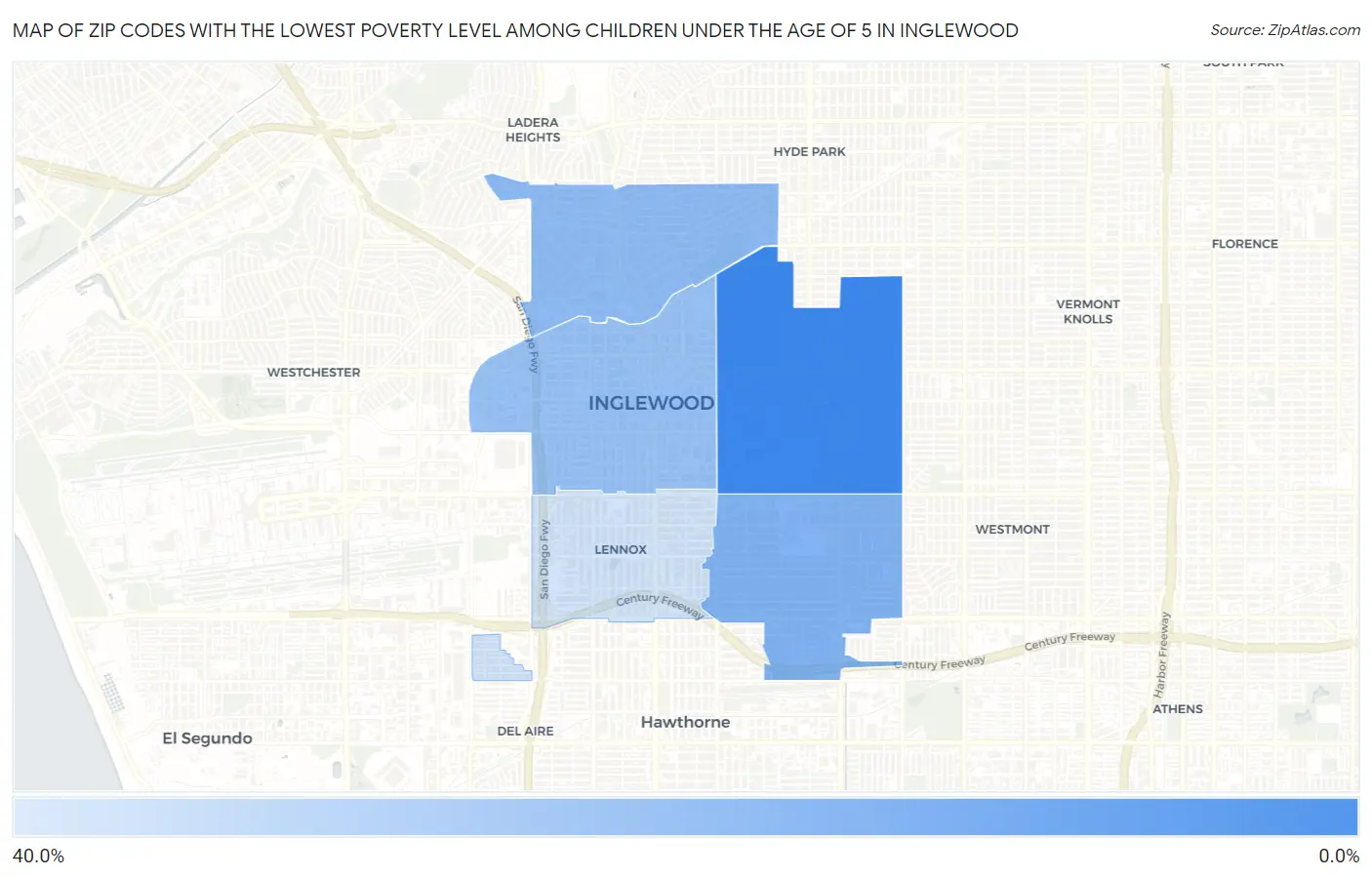 Zip Codes with the Lowest Poverty Level Among Children Under the Age of 5 in Inglewood Map