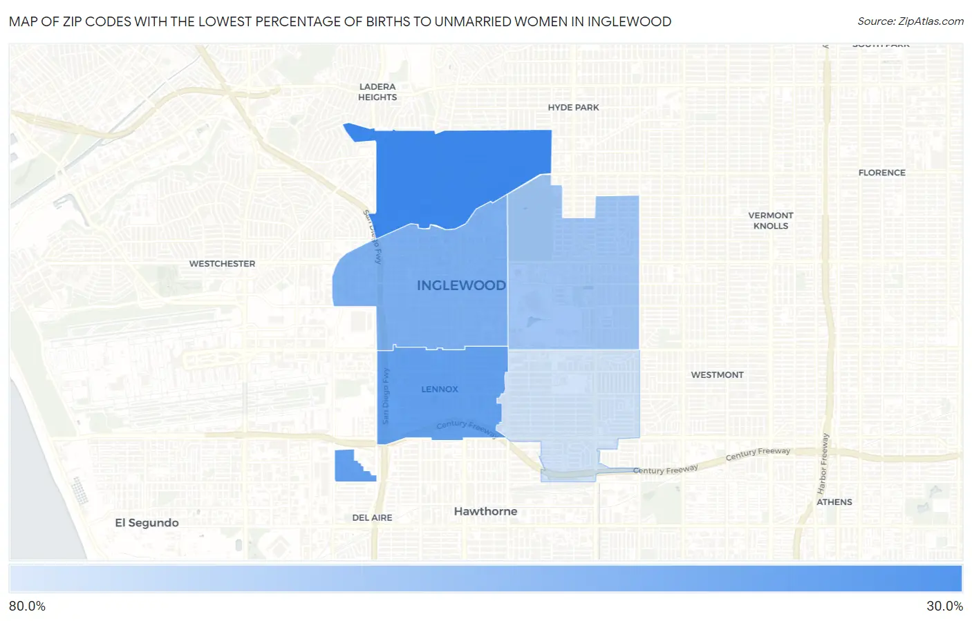 Zip Codes with the Lowest Percentage of Births to Unmarried Women in Inglewood Map