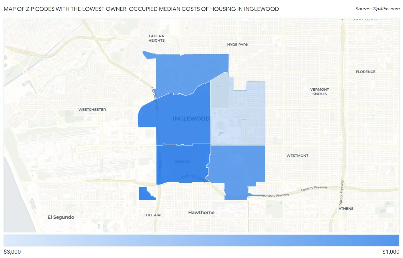 Zip Codes with the Lowest Owner-Occupied Median Costs of Housing in Inglewood Map