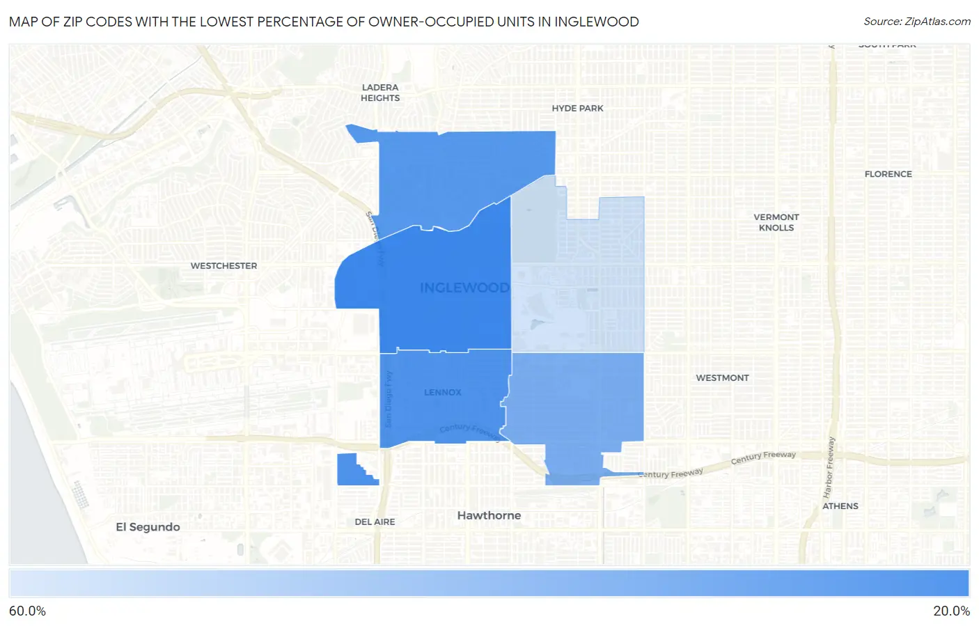 Zip Codes with the Lowest Percentage of Owner-Occupied Units in Inglewood Map