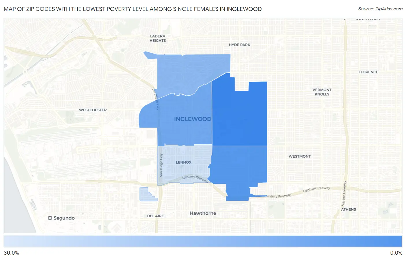 Zip Codes with the Lowest Poverty Level Among Single Females in Inglewood Map