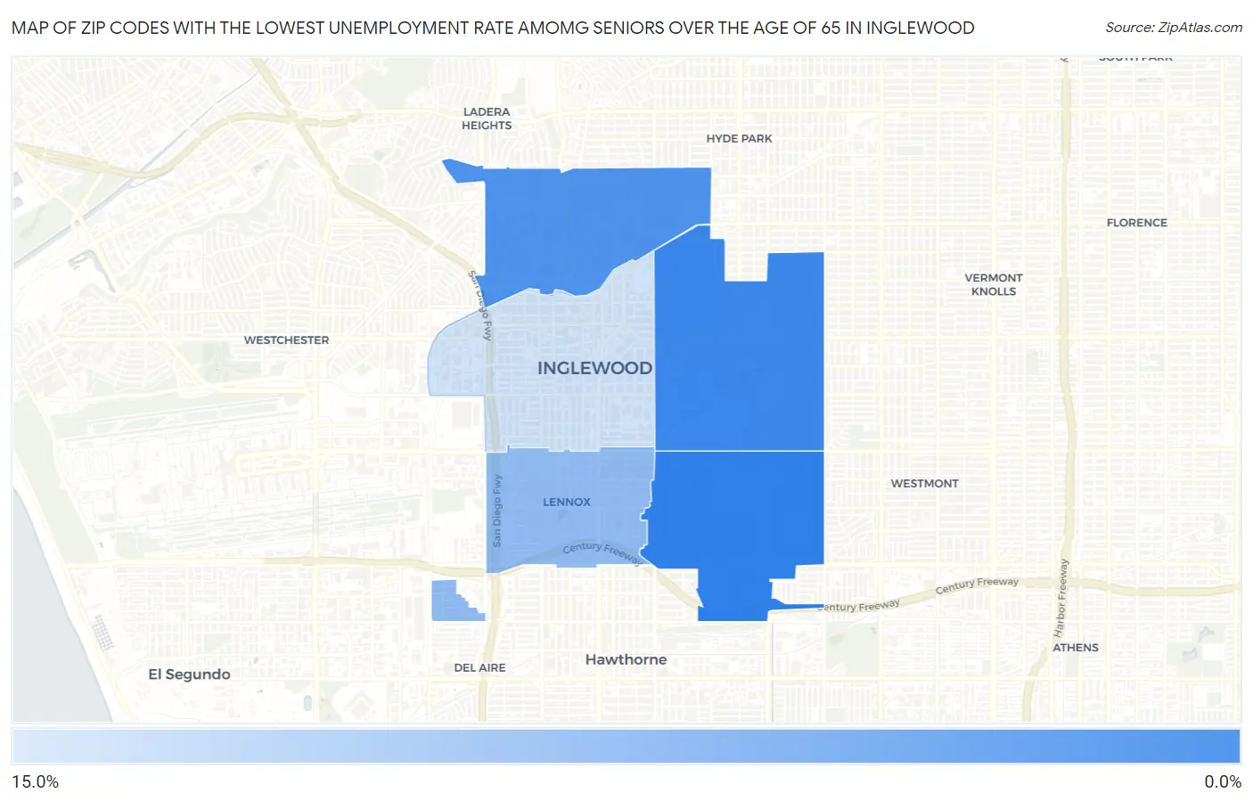 Zip Codes with the Lowest Unemployment Rate Amomg Seniors Over the Age of 65 in Inglewood Map